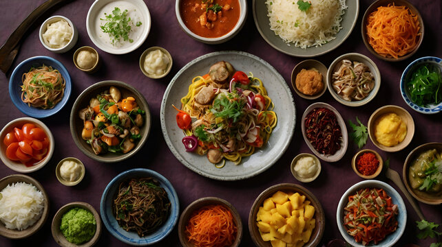 "Overhead view of diverse culinary feast with Indian dishes and central spaghetti"
