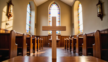 Wooden cross in church interior showcasing tranquility with stained glass windows, ideal for blogs, websites, religious material, presentations, and educational resources on faith
