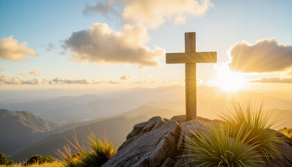 Wooden cross on a rocky mountain at sunrise for blogs, websites, faith-based designs, religious education, inspirational materials, and spiritual presentations