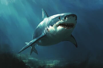 Fototapeta premium Great white shark swimming gracefully in clear blue water beneath the surface