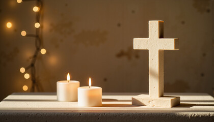 Cross and candles with warm lighting for blogs, websites, religious-themed designs, spiritual materials, holiday decorations, and mindfulness presentations