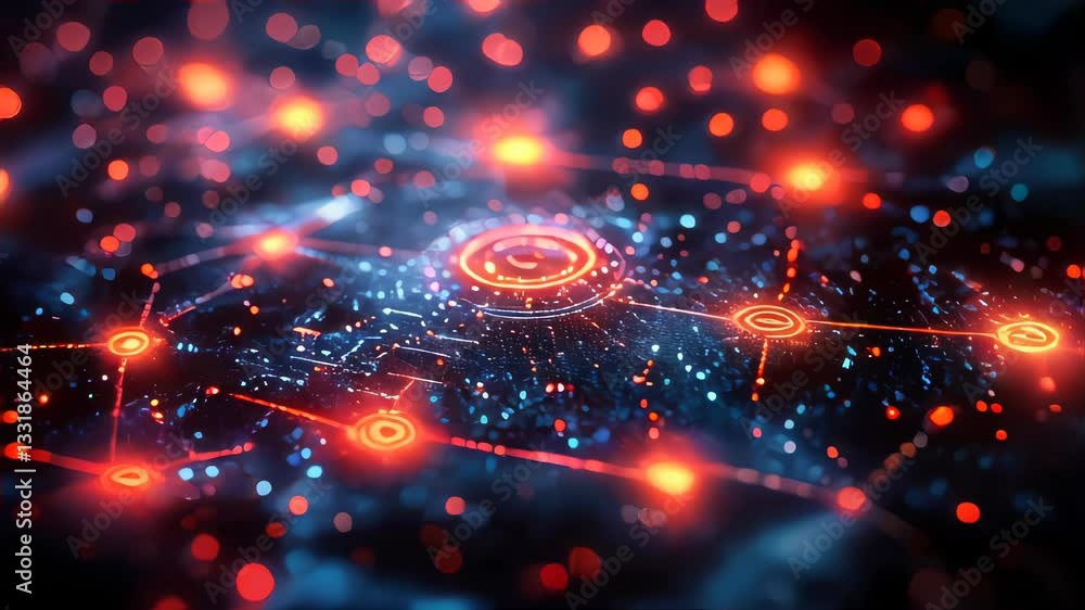 Poster a glowing red digital circuit board with interconnected data nodes, representing futuristic technolo