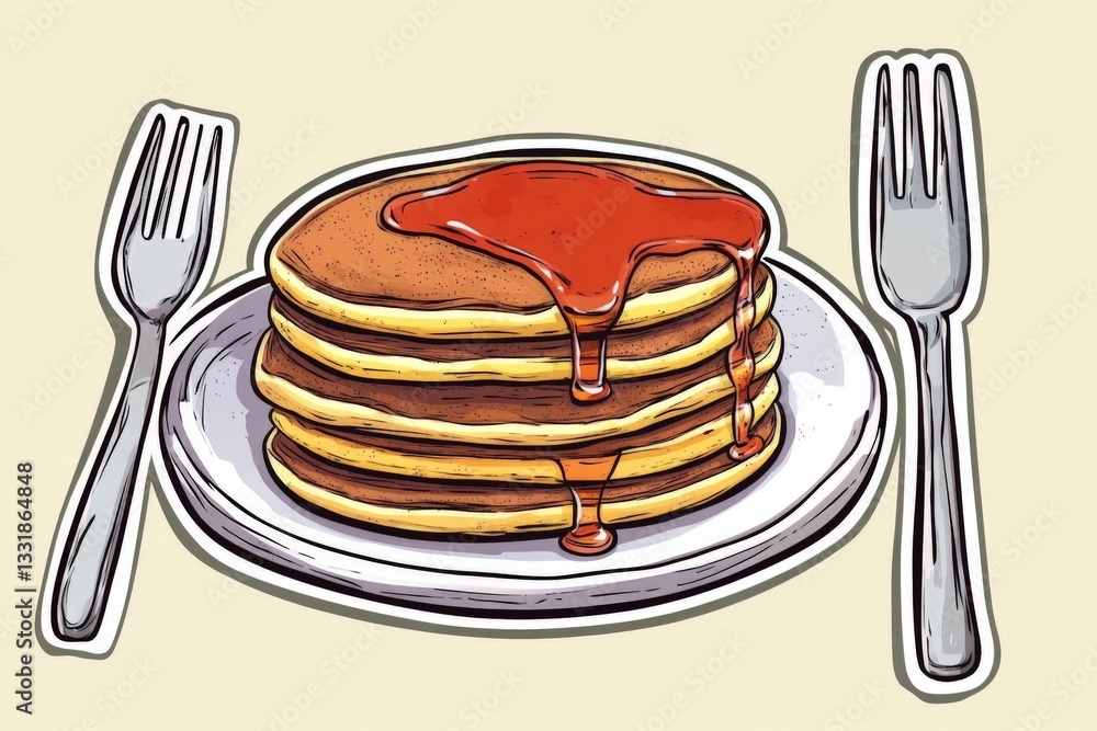 Poster stack of fluffy pancakes with syrup on a plate ready to be enjoyed for breakfast