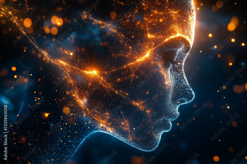 Poster Digital art of a glowing human profile with intricate patterns and vibrant colors representing technology and creativity