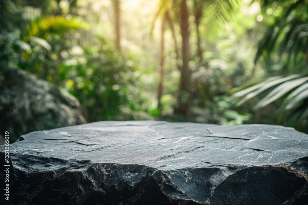 Aufkleber natural stone surface illuminated by soft sunlight in a lush green tropical forest setting