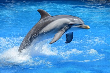 Fototapeta premium Dolphin leaps gracefully above crystal-clear water in an aquatic display at a marine park