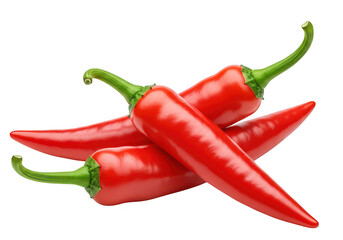 Vibrant red chili peppers with glossy surfaces and green stems isolate on transparent background