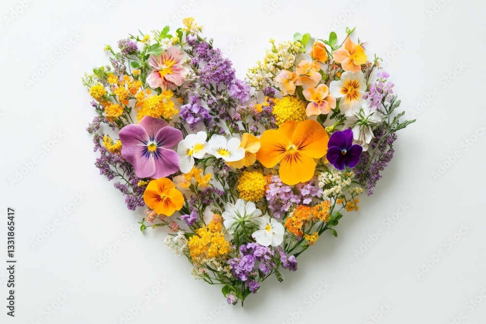 Poster colorful heart shape made from assorted flowers arranged on a neutral background