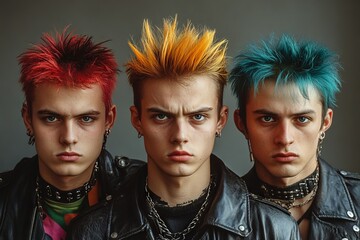 Obraz premium Three young men with vibrant hair colors express punk fashion style in a studio setting