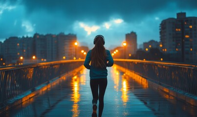 woman running across a bridge at night.