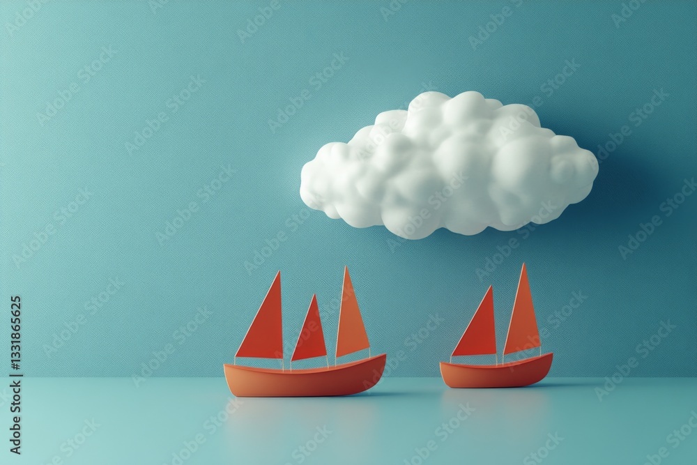Aufkleber colorful paper boats under a fluffy cloud on a blue background create a playful atmosphere in a crea