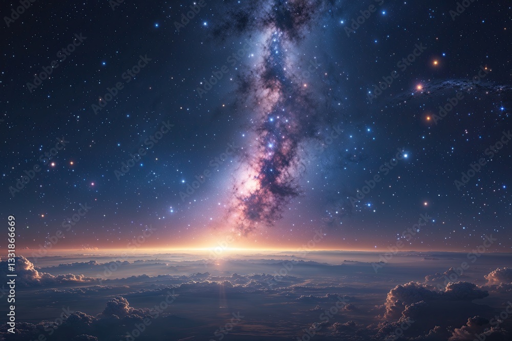 Poster stunning cosmic nebula panoramic view of the universe at dusk with luminous interstellar background