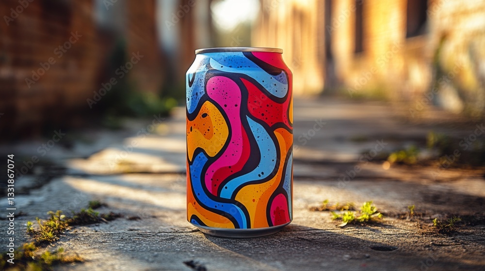 Poster a vibrant, patterned can of drink stands against a backdrop of an old, worn path in an urban setting