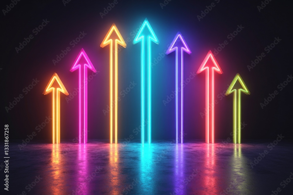 Poster Neon arrows in bright colors pointing upward against a dark background create a vibrant visual representation of growth and progress