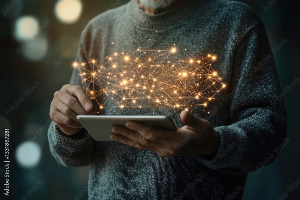 Aufkleber senior person using tablet, interacting with glowing network visualization, representing digital con