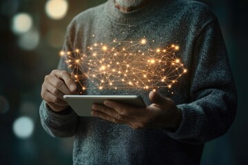 Senior person using tablet, interacting with glowing network visualization, representing digital connectivity and global network.