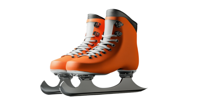 Orange ice skates with metal blades on transparent background