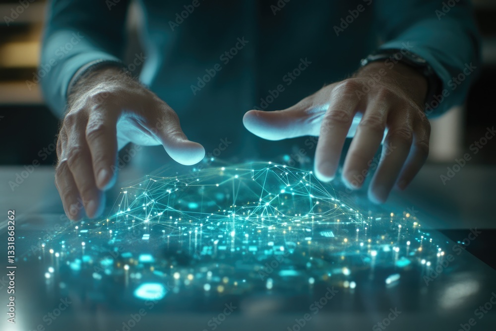 Poster a person interacts with a futuristic holographic display, manipulating a network of interconnected n