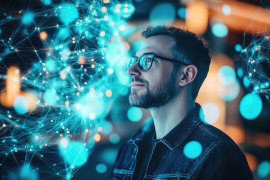 A man contemplates a vibrant network, symbolizing connection, innovation, and the digital age's boundless potential.