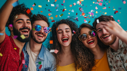Fototapeta premium Happy friends celebrating with confetti colorful party joyful festive smiles laughter fun blue group