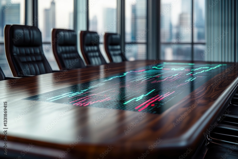 Poster modern conference table with integrated display showing financial data and charts in a city view off