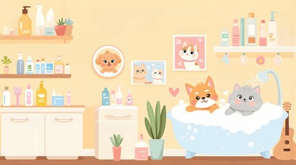 AI-generated cute illustration of a cat and dog in a bathtub surrounded by bathroom items