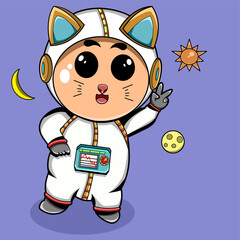 Astronaut cat ruining on a space with peace hand