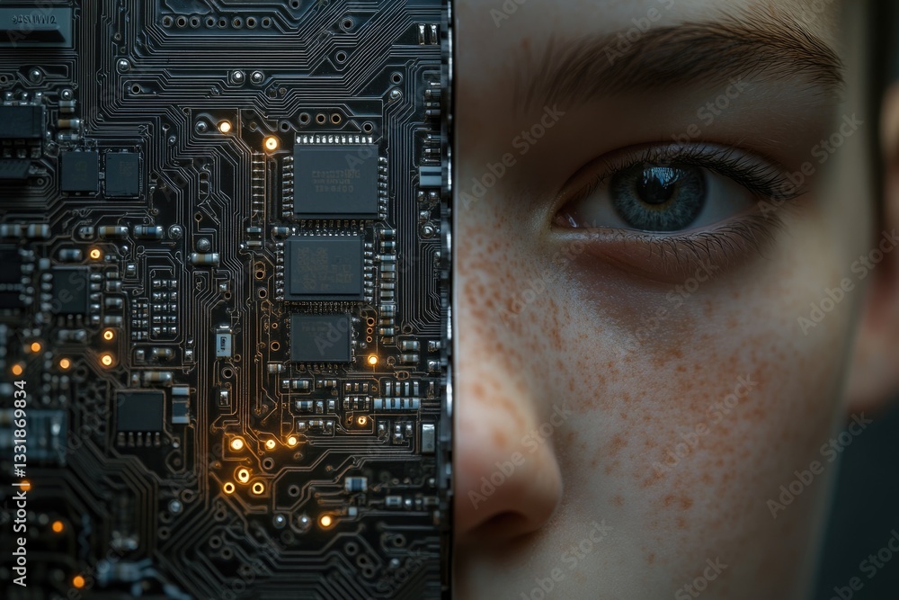 Poster a child's face merges with a circuit board, symbolizing technological integration and the future of 