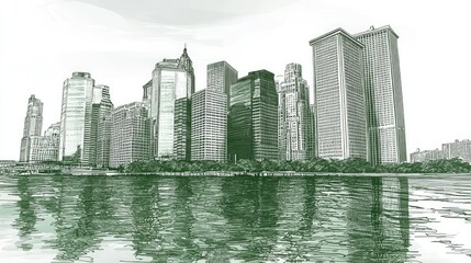 Fototapeta premium Skyline sketch of skyscrapers reflecting in water on a clear day for architectural uses