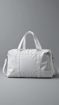 Modern white duffle bag mockup on gray background &ndash; minimalist travel & gym bag