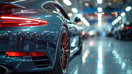 Sleek sports car in auto factory production line