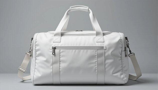 Modern white duffle bag mockup on gray background &ndash; minimalist travel & gym bag