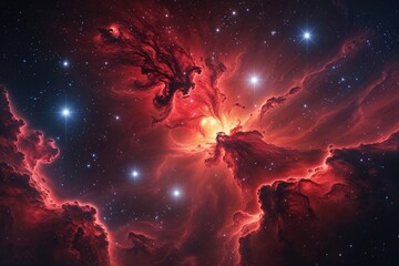 Stunning Universe with Bright Red Nebula and Glowing Celestial Lights