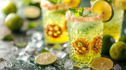 Refreshing pineapple lime cocktails on ice, vibrant background