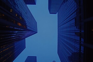 City skyscrapers at dusk, low angle view