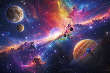 Obraz premium Stunning Colorful Universe Display Highlighting Celestial Bodies and Vibrant Cosmic Art