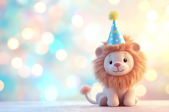 cute birthday celebration card 3d cartoon style cheerful toy lion in festive party hat on blurred bokeh background with copy space