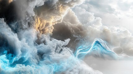 Naklejka premium Aquamarine Fluid Marble Texture with Floating Cloud Silhouettes, Crisp White Negative Space, Embodying Corporate Wellness Concept.