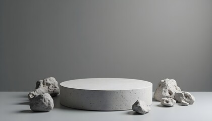 A minimalist composition featuring a circular pedestal surrounded by irregular stones on a neutral background.