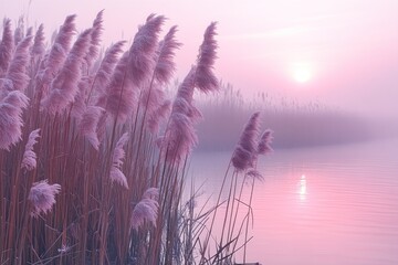 Misty Sunrise over River with Reeds