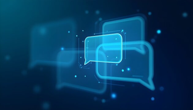 A digital illustration featuring glowing chat bubbles on a blue background, symbolizing communication and online interactions.