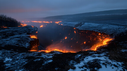 Naklejka premium Lava flows at night, mountain scene