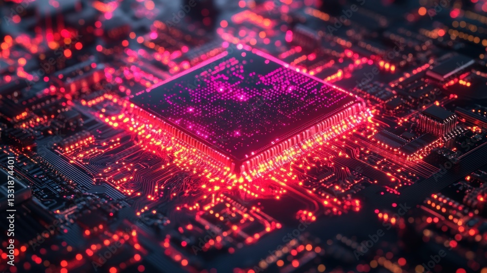 Poster close-up of glowing processor chip on circuit board, technology background, futuristic