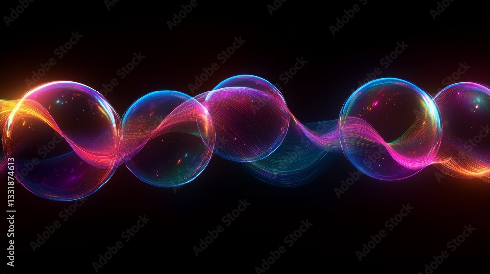 Poster bright colored orbs interconnected with flowing abstract light streams
