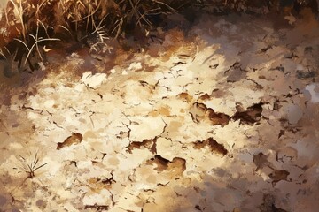 Dried cracked earth, possibly from drought, shows texture and hints of footprints near vegetation.