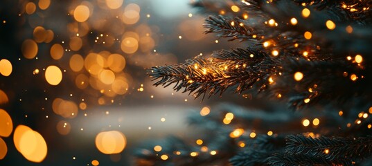 Sparkling bokeh background of evergreen branch illuminated with fairy Christmas string lights