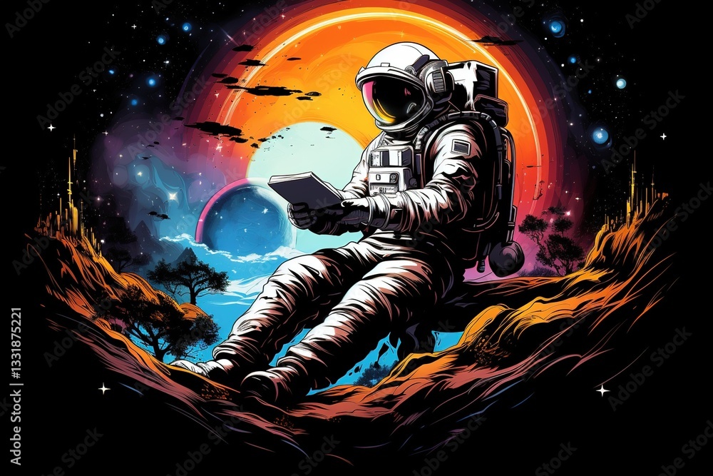 Poster stylish illustration astronaut in a spacesuit and helmet sits on alien planet surface reads a book