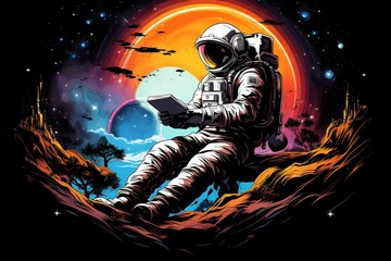 stylish illustration astronaut in a spacesuit and helmet sits on alien planet surface reads a book