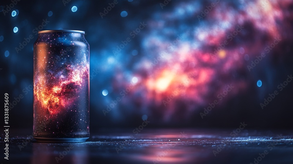 Poster a can featuring a vibrant cosmic design is displayed prominently on a reflective surface. the backgr