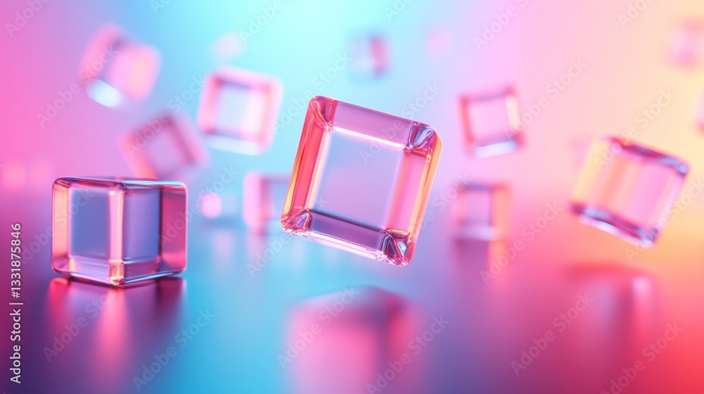 Poster floating transparent cubes reflecting light within a vibrant colorful scene